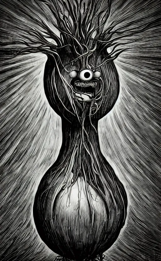 Image similar to portrait of lovecraftian onion with an mouth in the middle of it, surrounded by beams of light dark background by wayne barlow, stanley donwood, anton semenov, zdzislaw bekinski, hr giger, 8 k, fantasy, dark, highly detailed