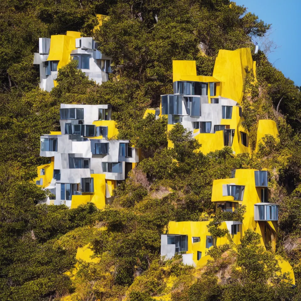 Image similar to a tiny flat horizontal house on a cliff, designed by Frank Gehry. Big tiles. Small wooden pathway . Film grain, cinematic, yellow hue