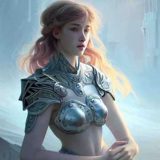 Image similar to portrait young knights of Zodiac girl, matt white color armor, in ruined Agora of Athens Sunrise, ssci-fi and fantasy, intricate and very beautiful and elegant, highly detailed, digital painting, artstation, concept art, smooth and sharp focus, illustration, art by tian zi and WLOP and alphonse mucha