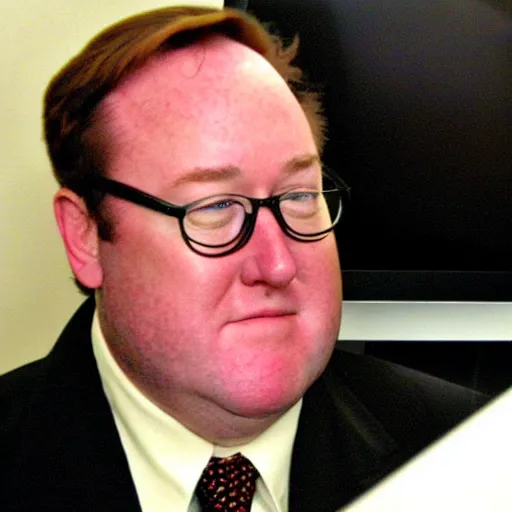 Prompt: 2 0 0 7 john lasseter wearing a black suit and black necktie sitting at his computer desk in his office. his eyes are wet with tears, emotional, looks sad and solemn, face screwed with grief