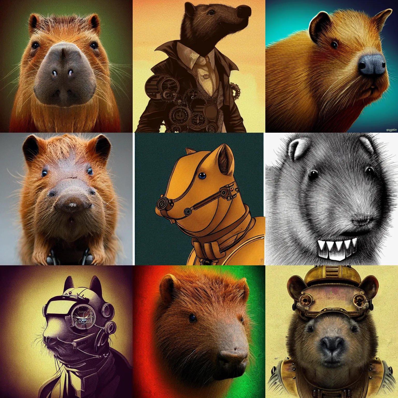 Prompt: Steampunk capybara, trending on DeviantArt, face enhance, hyper detailed, minimalist, cybernetic, android, blade runner, full of colour