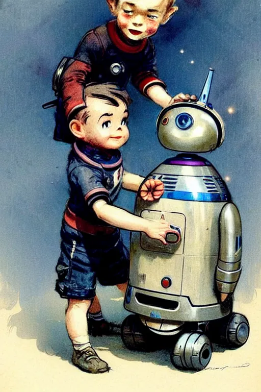 Prompt: ( ( ( ( ( 1 9 5 0 s a boy playing with his robot lost in space robot b 9. muted colors. ) ) ) ) ) by jean - baptiste monge!!!!!!!!!!!!!!!!!!!!!!!!!!!