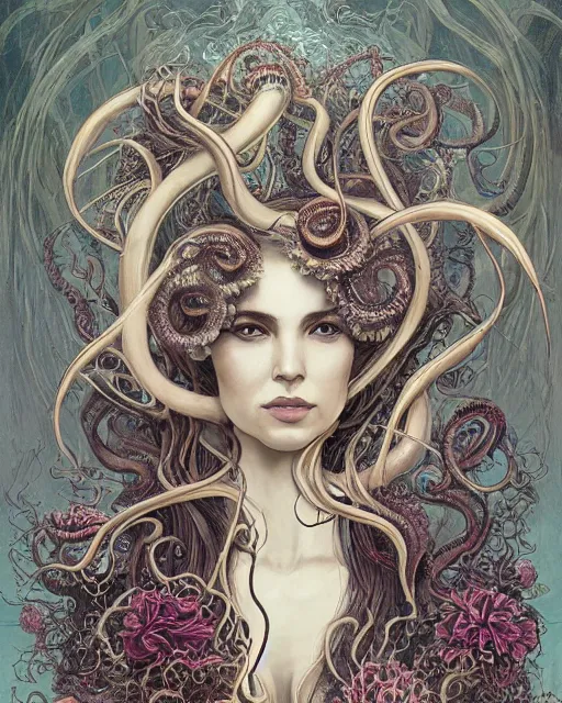 Prompt: centered beautiful detailed front view portrait of a woman with ornate tentacles and flowers growing around, ornamentation, flowers, elegant, dark and gothic, full frame, by wayne barlowe, peter mohrbacher, kelly mckernan, h r giger