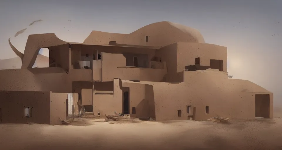 Prompt: contemporary house in the sahara desert, greg rutkowski, 4 k, matte painting, concept art, artstation