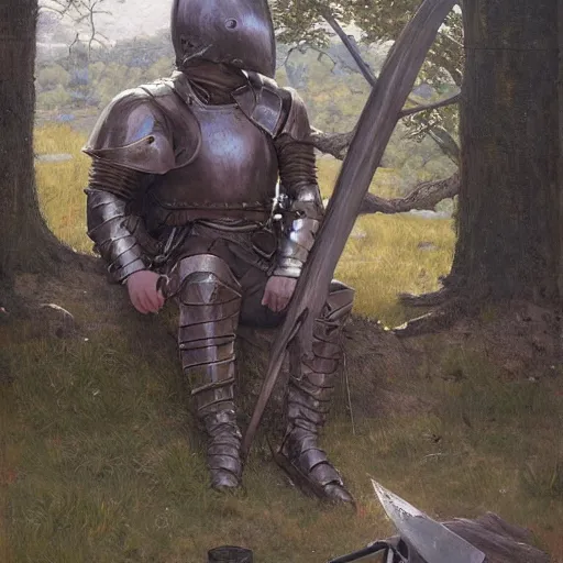 Prompt: knight wearing sallet helmet leaning against a tree by the campfire with a discarded sword and gun, oil painting, by Fernanda Suarez and and Edgar Maxence and greg rutkowski