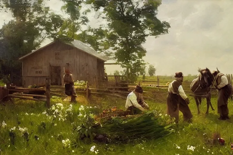 Image similar to simple amish farmers tending to their cottage vegetable gardens, art by anders zorn, wonderful masterpiece by greg rutkowski, beautiful cinematic light, american romanticism thomas lawrence, greg rutkowski