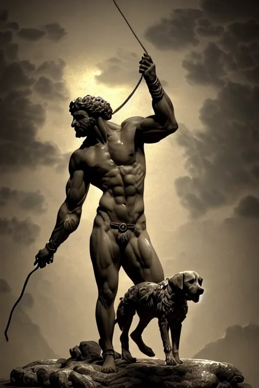 Prompt: dog as a greek god, greek statue, gorgeous, amazing, muscular, fit, very muscular male body, very detailed face, detailed features, fantasy, circuitry, explosion, dramatic, intricate, elegant, highly detailed, digital painting, artstation, concept art, smooth, sharp focus, illustration, art by gustave dore, octane render