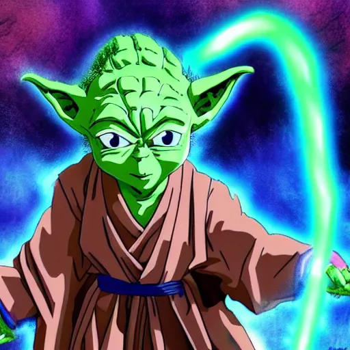 Image similar to Yoda as an anime character from Dragon Ball Z. Beautiful. 4K.