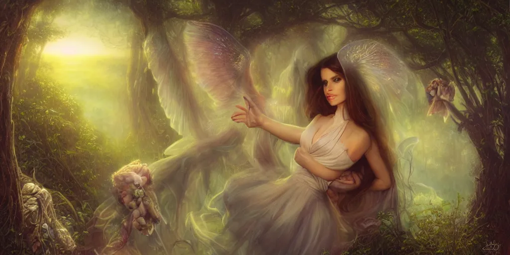 Image similar to big-eyed Lana Del Rey staring into the camera, sundown misty firefly wisps, Lilia Alvarado, Sophie Anderson, Mark Arian, Bob Byerley, Charlie Bowater, Mark Brooks, Steve Henderson, Justin Gerard, Arthur Hughes, Edward Robert Hughes, Mark Keathley, Victor Nizovtsev, Carlos Shwabe, Ross Tran, WLOP