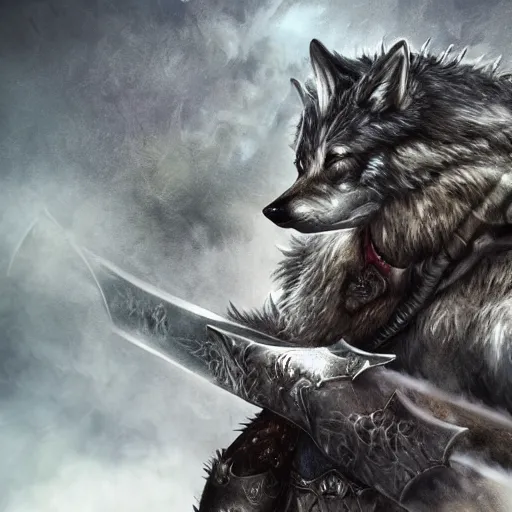 Prompt: anthropomorphic wolf knight wearing fantasy armor, holding a sword, soft focus, soft light, foggy landscape, amazing detail, realistic fur, looking at camera