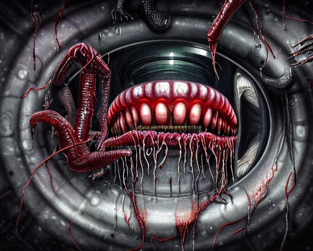 Prompt: sketch of realistic long textured demon wet humanoid alien, smoke, large alien eyes, metallic reflective human teeth dripping greenish acid saliva from teeth, thin red veins, intricate grey fish scales, ornate, cinematic light shadows, reflections, crawling in a wet sewer pipe, dim flashlight lighting, insanely detailed, fisheye lens