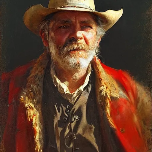Prompt: Solomon Joseph Solomon and Richard Schmid and Jeremy Lipking victorian genre painting portrait painting of a old rugged movie actor cowboys gunfighter old west character in fantasy costume, red background