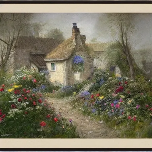 Image similar to (((((((victorian english cottage with a stone path and a flower garden))))))) . muted colors. by Jean-Baptiste Monge !!!!!!!!!!!!!!!!!!!!!!!!!!!!!!!!!!!!!!!!