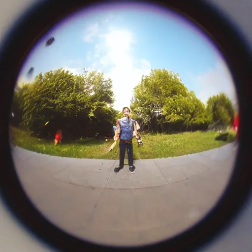 Image similar to an annoying nerd, fisheye lens