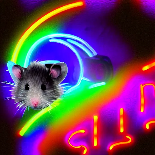 Prompt: cyberpunk hamster made of glowing rainbow neon lights, 8 k, hd, logo