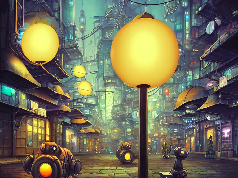 Prompt: street view of futuristic machinarium tokyo at night by cyril rolando and naomi okubo and dan mumford and ricardo bofill. robots. robots walking the streets. advertisements for robots. robotic elegant lamps