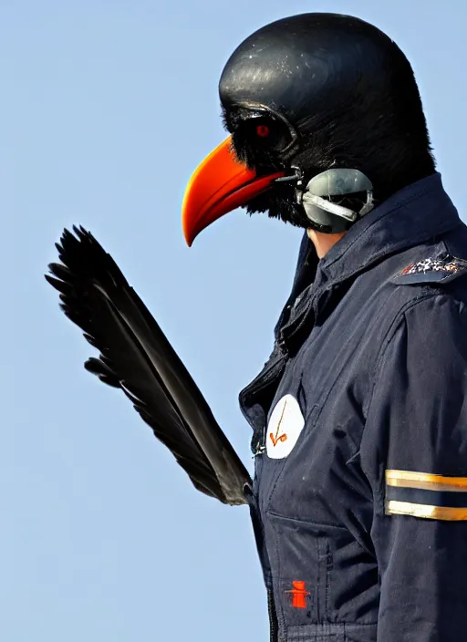 Image similar to a jet pilot with a crow head