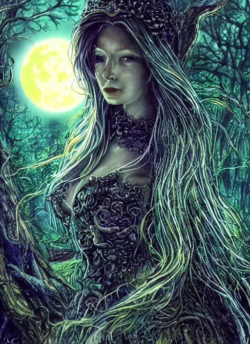 Image similar to glowing silver and golden elements, full close-up portrait, A beautiful dark witch in front of the full big moon, book cover, green forest, red white black colors, establishing shot, extremly high detail, foto realistic, cinematic lighting, pen and ink, intricate line drawings, by Yoshitaka Amano, Ruan Jia, Kentaro Miura, Artgerm, post processed, concept art, artstation, matte painting, style by eddie, raphael lacoste, alex ross