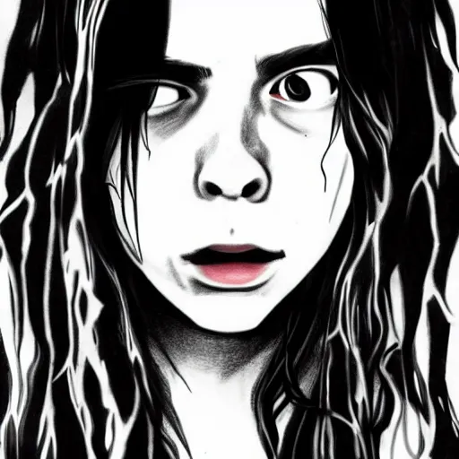 Image similar to grunge drawing of billie eilish in the style of the grudge