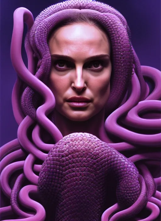 Prompt: Medusa, Natalie Portman, lots of snakes, portrait, very detailed, dramatic lighting, electrical details, high details, 4k, 8k, trending on artstation, by Greg Rutkowski, Wayne Barlowe, Hajime Sorayama and Boris Vallejo