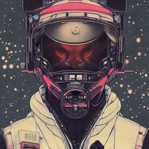 Image similar to a beautiful ukiyo painting of cyberpunk battle space cat, wearing space techwear, detailed symmetrical close up portrait, intricate complexity, by takato yamamoto, wlop, krenz cushart. cinematic dramatic atmosphere, sharp focus