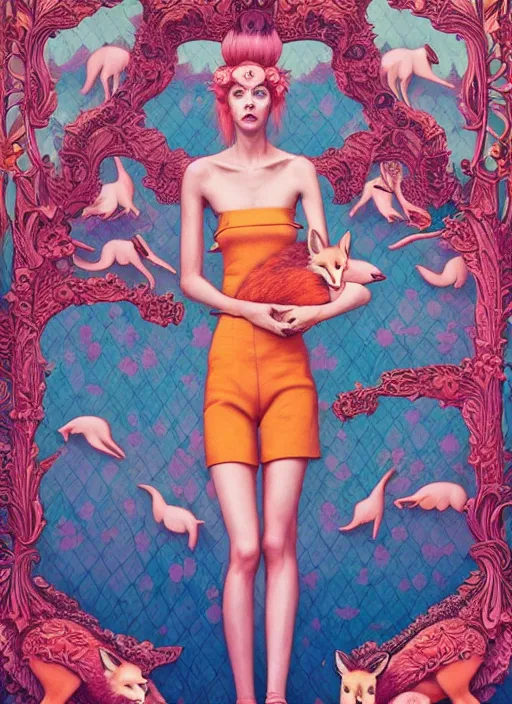 Image similar to pretty model with foxes : : by martine johanna and simon stalenhag and chie yoshii and casey weldon and wlop : : ornate, dynamic, particulate, rich colors, intricate, elegant, highly detailed, vogue, harper's bazaar art, fashion magazine, smooth, sharp focus, 8 k, octane render,