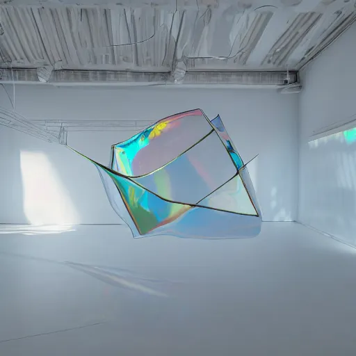 Image similar to an ultra high definition professional studio quality photograph of a transparent iridescent perspex pastel coloured inflatable abstract parachute sculpture in an empty white room. dramatic lighting, ray tracing, refraction, shallow d. o. f, colour corrected, golden ratio, three point light. volumetric shadows. god rays.