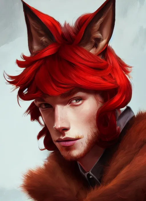 Image similar to a highly detailed illustration of attractive young red haired man with red animal ears wearing brown suit, dramatic pose, intricate, elegant, highly detailed, centered, digital painting, artstation, concept art, smooth, sharp focus, league of legends concept art, wlop