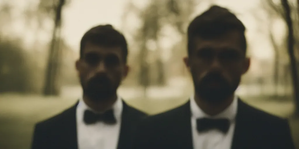 Image similar to a man wearing a dark suit, cinematic, 8 5 mm anamorphic lens, atmospheric, hazy, lights in the distance, depth of field