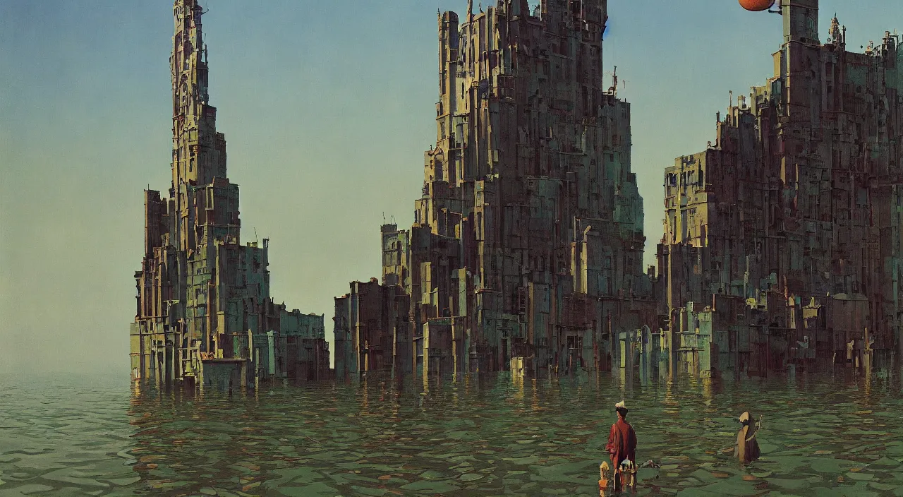 Prompt: single flooded simple bone tower, very coherent and colorful high contrast!! masterpiece by rene magritte simon stalenhag carl spitzweg syd mead norman rockwell edward hopper james gilleard, minimalist, dark shadows, sunny day, hard lighting