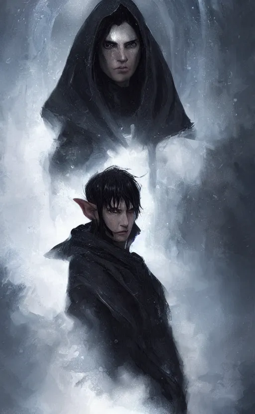 Image similar to Portrait of an elf in a black cloak, black hair, glowing eyes, male, detailed face, fantasy, highly detailed, cinematic lighting, digital art painting by greg rutkowski