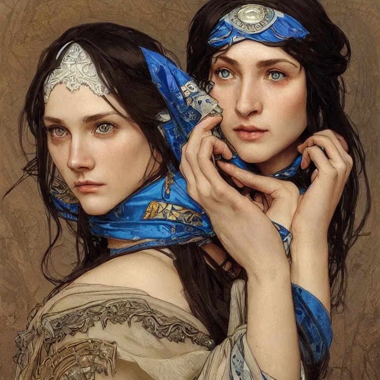 Image similar to Portrait of a Slavic female cleric with kerchief covering her ears. Blue eyes, black hair, porcelain skin, full lips, high slanted cheekbones. Fantasy art by artgerm and greg rutkowski and alphonse mucha, intricate, elegant, highly detailed, dramatic lighting, concept art, illustration, award winning on artstation, D&D, Dungeons and Dragons, Western European.