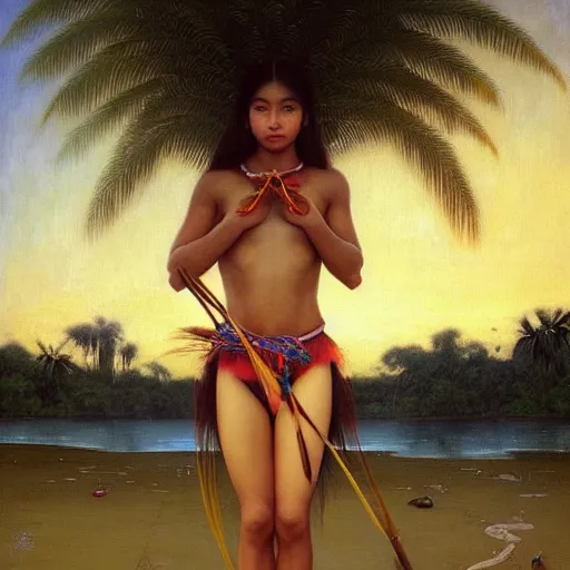 Prompt: a ultradetailed beautiful painting of a latina brazilian girl holding a bow in amazonas by hsiao ron cheng, ngai victo, nivanh chanthara jean delville wlop and dougherty patrick, trending on artstation, mediterranean, palm trees, light sparkles, major arcana sky, sharp focus, soft light