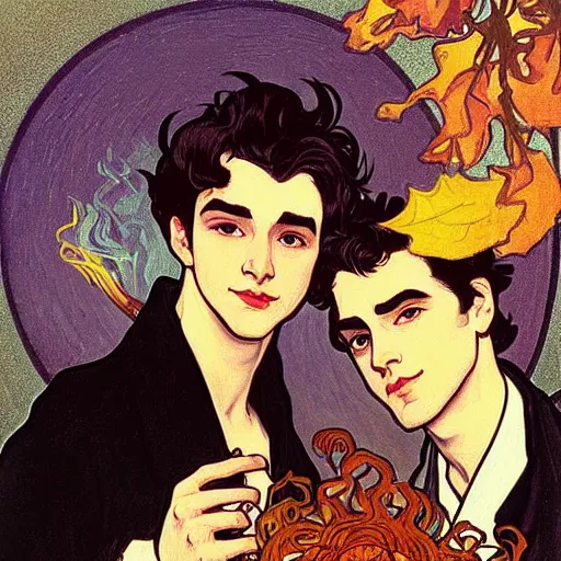 Image similar to painting of young cute handsome beautiful dark medium wavy hair man in his 2 0 s named shadow taehyung and cute handsome beautiful min - jun together at the halloween! party, bubbling cauldron!, candles!, smoke, autumn! colors, elegant, wearing suits!, delicate facial features, art by alphonse mucha, vincent van gogh, egon schiele