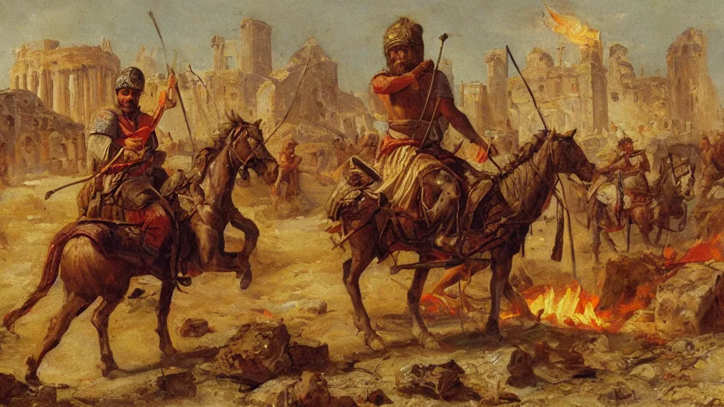 Image similar to nomadic early medieval hunnic khan on horseback surrounded by fires and rubble of roman buildings and mostly destroyed roman buildings, oil painting, cinematic, late antiquity, roman