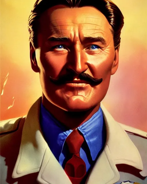 Image similar to Errol Flynn as a scientist. 1980s dystopian Soviet Russia, propaganda screens. Unreal engine, fantasy art by Rhads. Faithfully depicted facial expression, perfect anatomy global illumination, radiant light, detailed and intricate environment