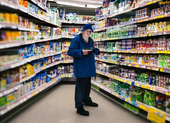 Image similar to photo of Gandalf stacking supermarket shelves, depressing, sad, 85mm f1.8