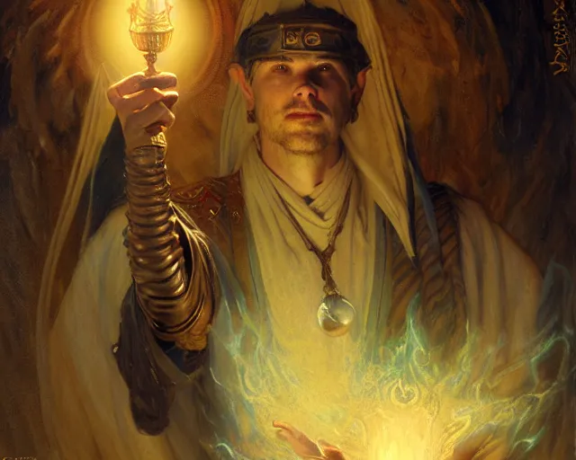 Image similar to attractive wizard man, casting light magic, summoning a handsome deity. highly detailed painting by gaston bussiere, craig mullins, j. c. leyendecker 8 k