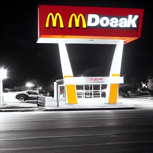 Image similar to JFK working at the mcdonalds drive thru at night, realistic, photorealistic, photograph, 8k, ultra realistic