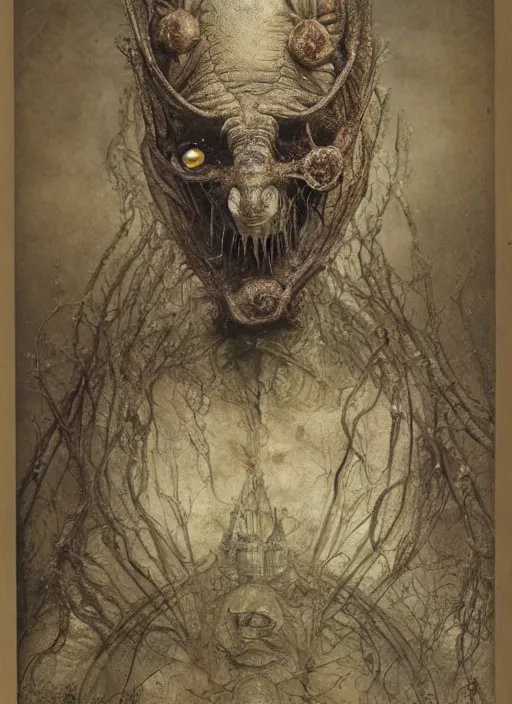 Image similar to cabinet card of russian prime minister by seb mckinnon and brian froud and bezinski and giger, henson creature workshop, realistic materials, creepy, textures, dark horror, photo realistic, photoreal, detailed, nightmare, sharp focus, 8 k, 4 k