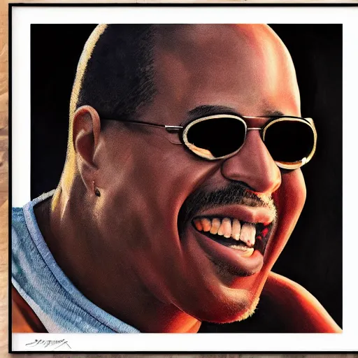 Image similar to stevie wonder with the physique of a body builder, hyper realistic, ultra detailed, cinematic, dynamic lighting, photorealistic, refined, intricate, digital art, digital painting, masterpiece, 8k