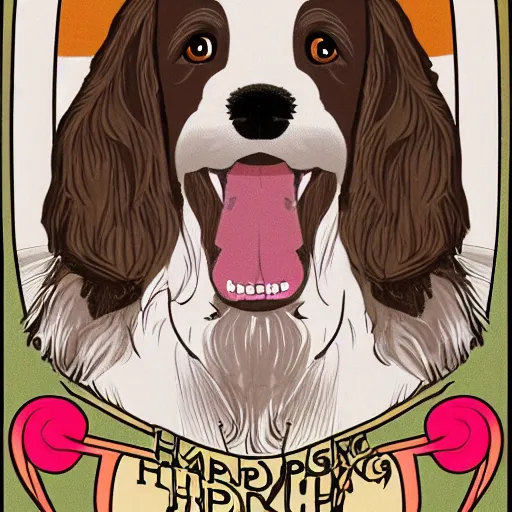 Prompt: portrait of happy laughing brown cockerspaniel with a background in the style of mucha