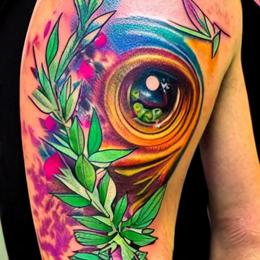 Image similar to shoulder tattoo of a multicolored psychedelic cute bush baby, eyes are colorful spirals, surrounded with colorful sparkeling flowers and irisdescent marihuana leaves, insanely integrate