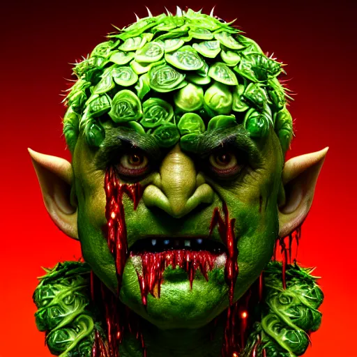 Prompt: a face made of brussels sprouts, horror, terrifying, demon, blood, pointy ears, 8 k, trending on artstation, 8 0 mm photography, hyperrealistic