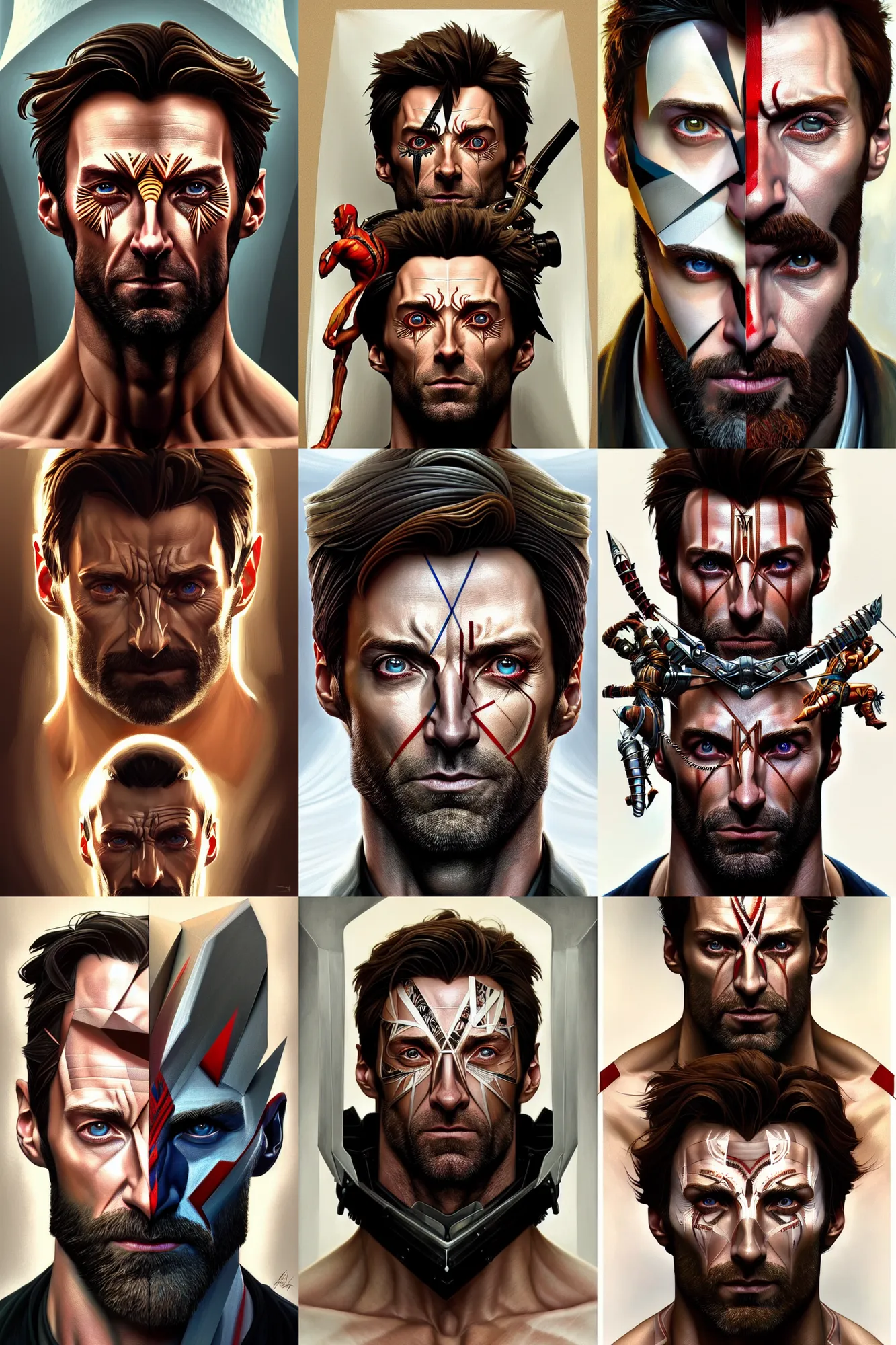 Image similar to symmetry!! portrait of hugh jackman in the boys in the style of god of war, machine parts embedded into face, intricate, elegant, highly detailed, digital painting, artstation, concept art, smooth, sharp focus, illustration, art by artgerm and greg rutkowski and alphonse mucha, 8 k