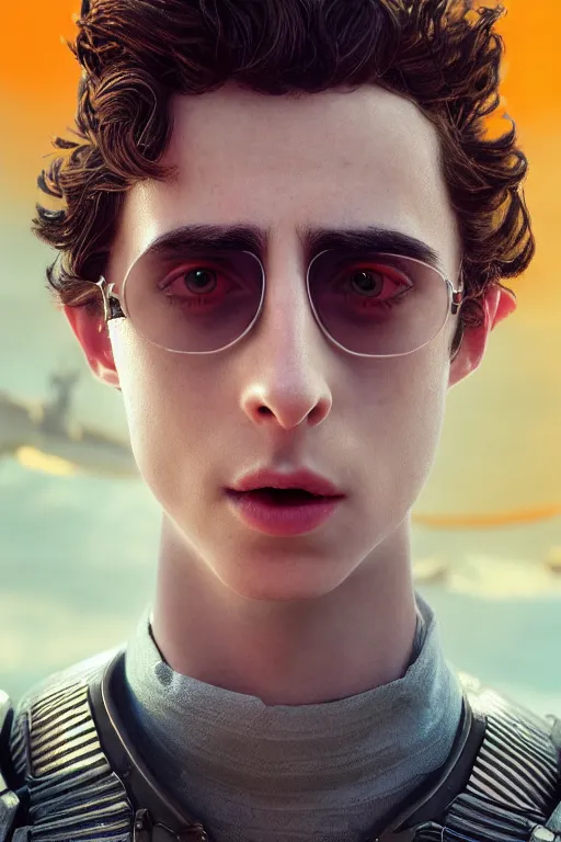 Prompt: Timothee Chalamet in Valerian and the city of a thousand planets, portait photo, profile picture, hyperrealistic, concept art, orange sunglasses, day time, octane render, unreal engine 5, digital art, high quality, highly detailed, 8K, cute, defined face, elegant clothes, trending on DeviantArt