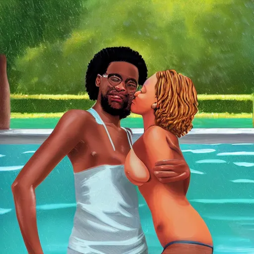 Prompt: african american man and blonde white woman kissing in the rain at a pool. digital art