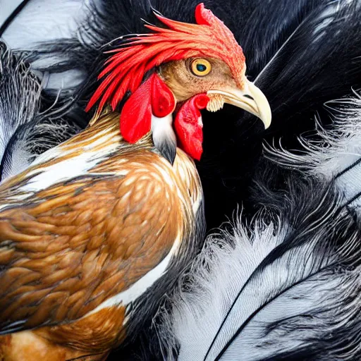 Image similar to a newly discovered breed of chicken with black feathers that is spotted with small white hearts