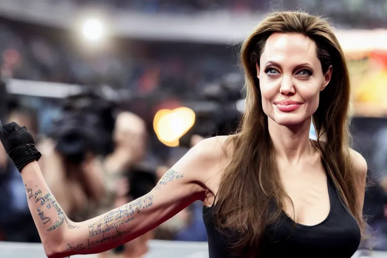 Image similar to angelina jolie is wrestler from wwe, many details, super realistic, high quality, 8 k