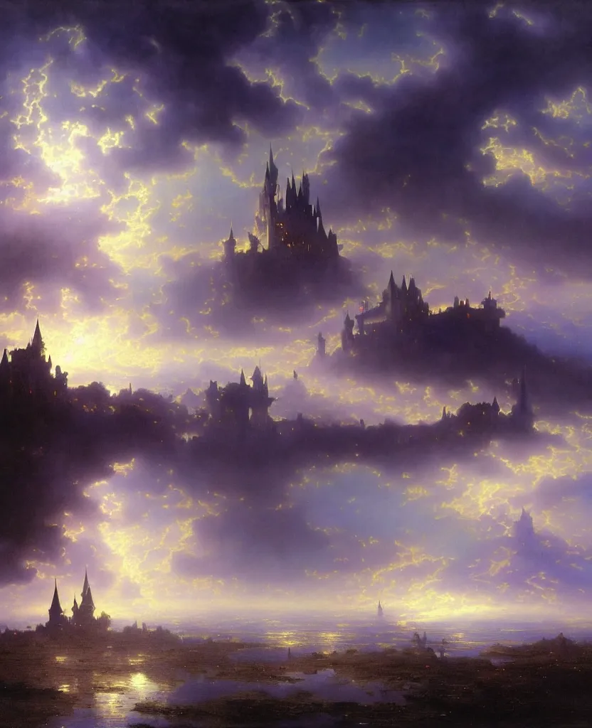 Prompt: beautiful matte airbrush painting of a of a fantasy landscape made of clouds with a european medieval castle made of light in the distance, ispired by gilbert williams, clear painting and good lighting, dark blue and intense purple color palette, mystical fog, art by yoshitaka amano, andreas achenbach, alfons mucha